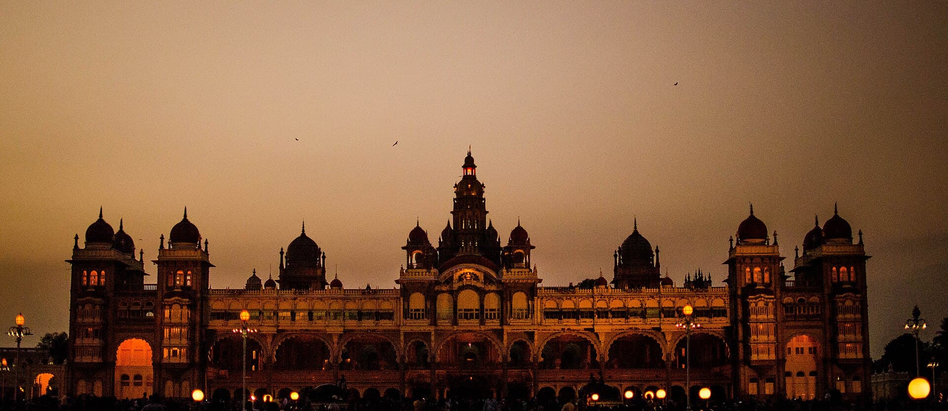 Mysore Palace illuminated at dusk in Mysuru, Karnataka